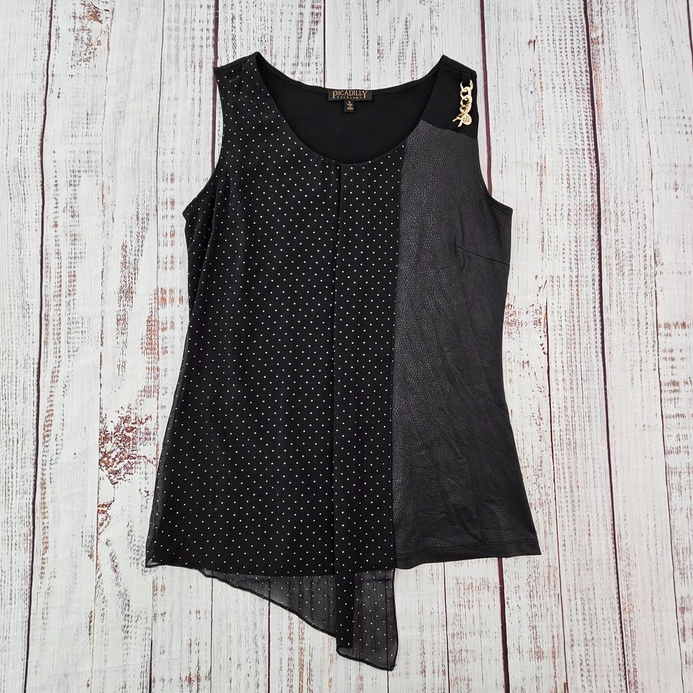 Picadilly Fashions Black Polka Dot Reptile Sleeveless Gold Chain Tank Women's S